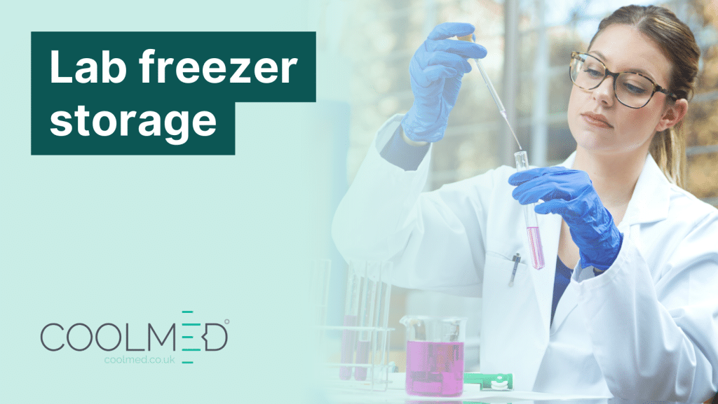 Lab freezer storage graphic created by CoolMed that shows a female scientist holding a test tube and testing a pink liquid