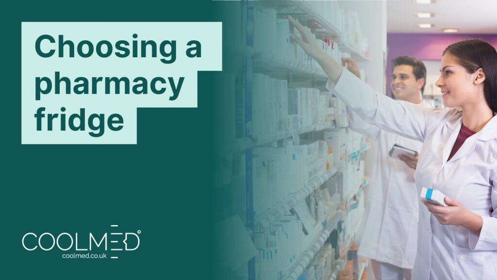 How to choose a pharmacy fridge graphic by CoolMed that shows a female pharmacist picking medication from a shelf